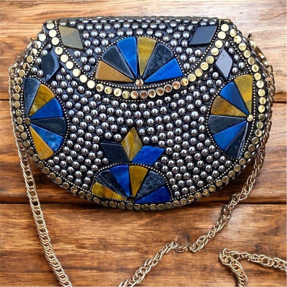 NWOT Ramla Black/Gold/Silver Crossbody/Clutch Bag Mosaic Stones Handmade Moracco